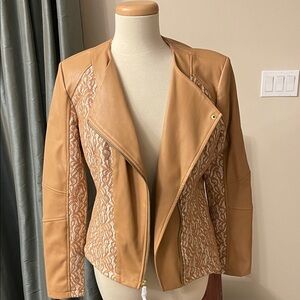 New Tan Lace-Accent Women's Faux Leather Jacket